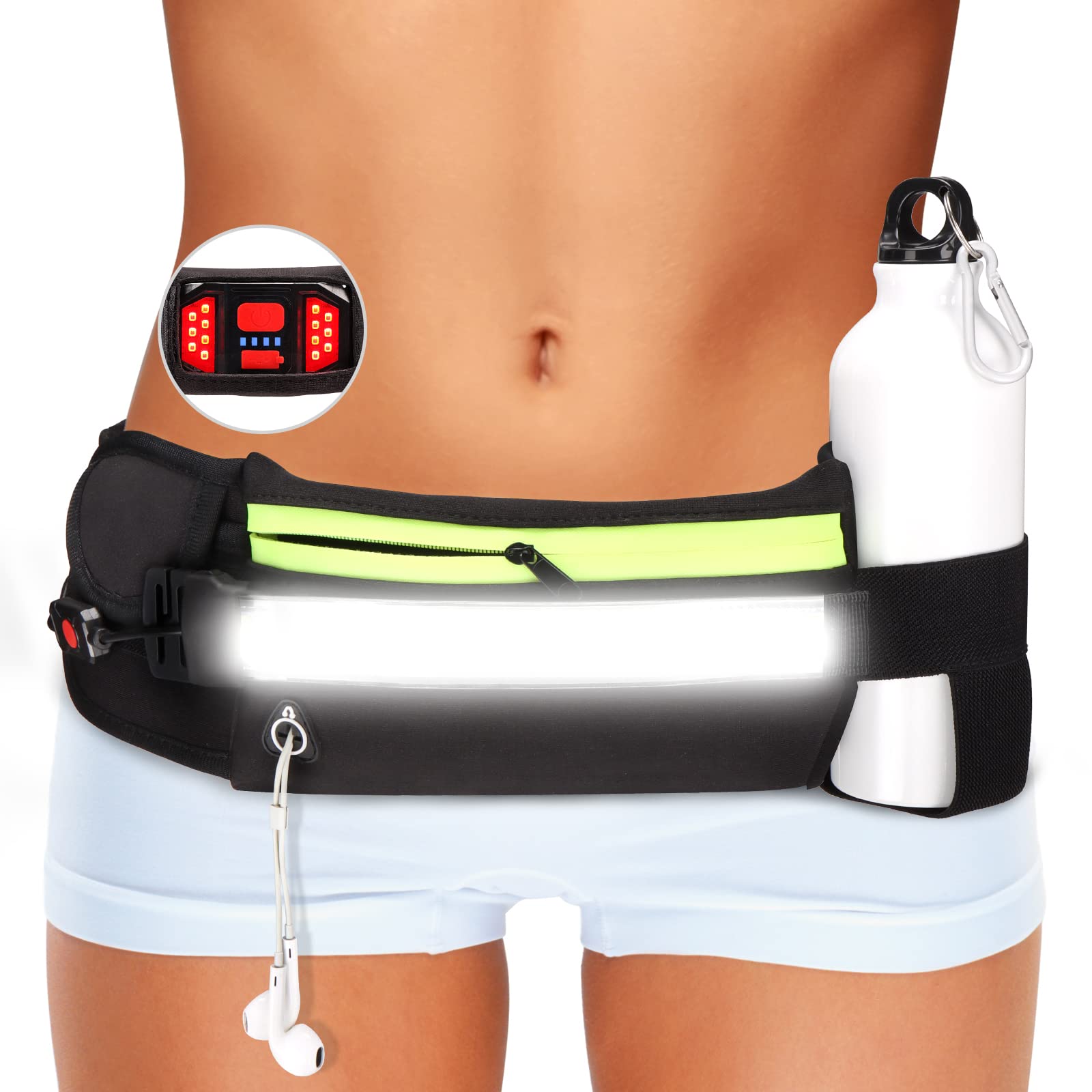 EGUKU Running Light 1000Lumens Running Belt Running Gear with 230°Rechargeable Night Running Light for Phone Waist Bag Light with Water Bottle Holder Slim Running Belt for Runners Jogging Walking